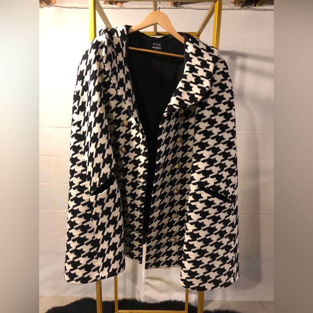 Balmain Hooded Houndstooth Wool Blend Cape